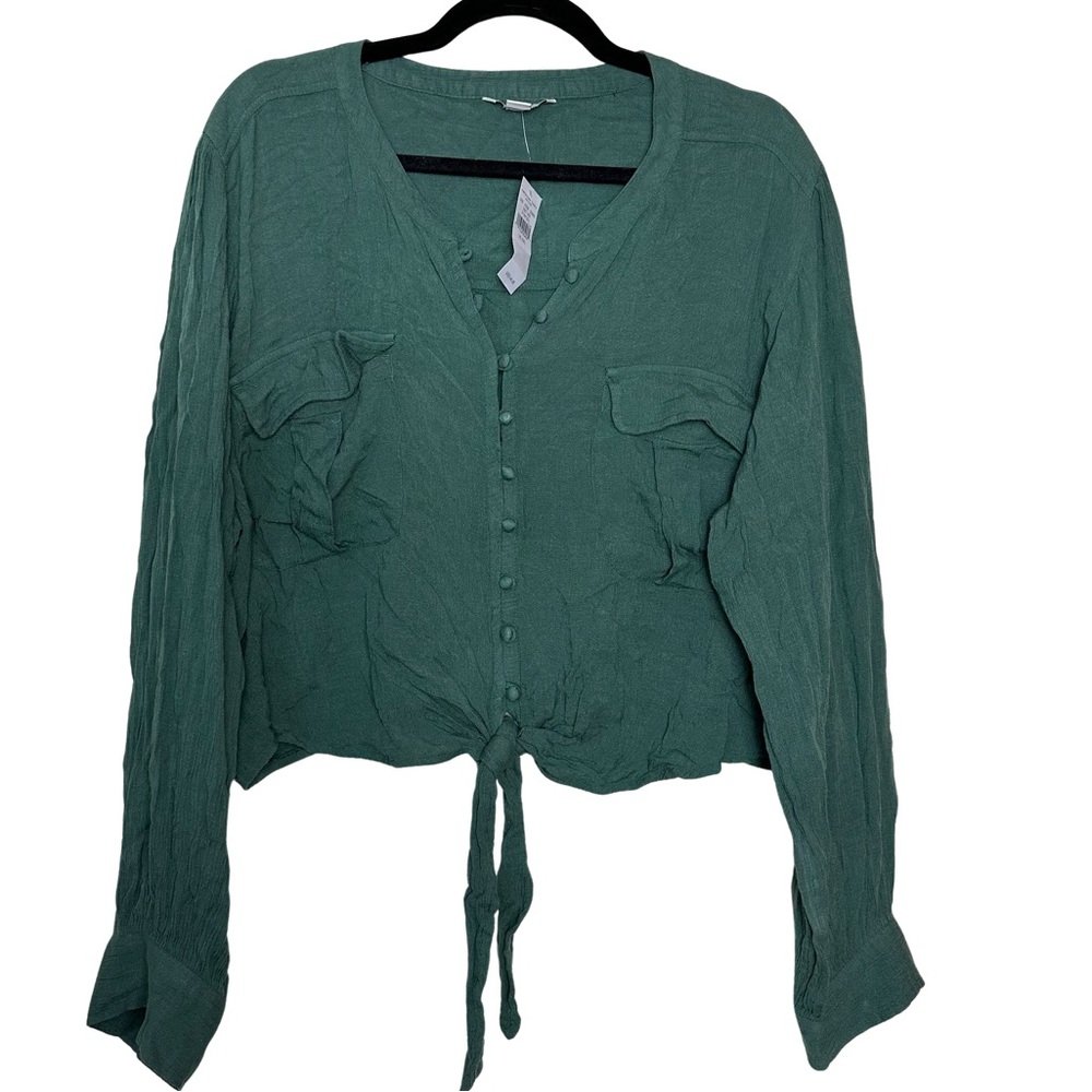 American Eagle Sage Green Cropped Boho Button Front Tie Waist Blouse Top XXL NWT